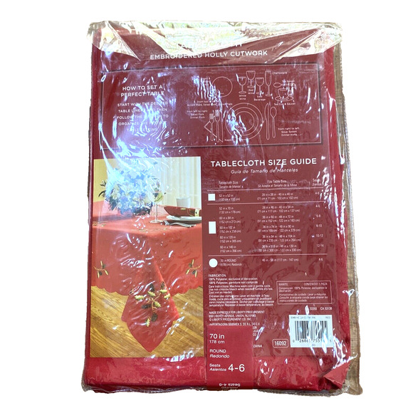 NEW Embroidered Christmas Holiday Tablecloth Red Holly Cutwork Festive 70” Round - Picture 5 of 8